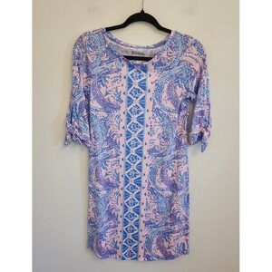 Lilly Pulitzer Preston Dress XS Pink Blue 3/4 Tie Sleeve 100% Pima Cotton Resort